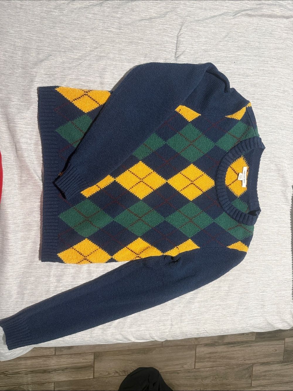 Classic Navy Argyle Crewneck Sweater with Yellow and Green Diamonds